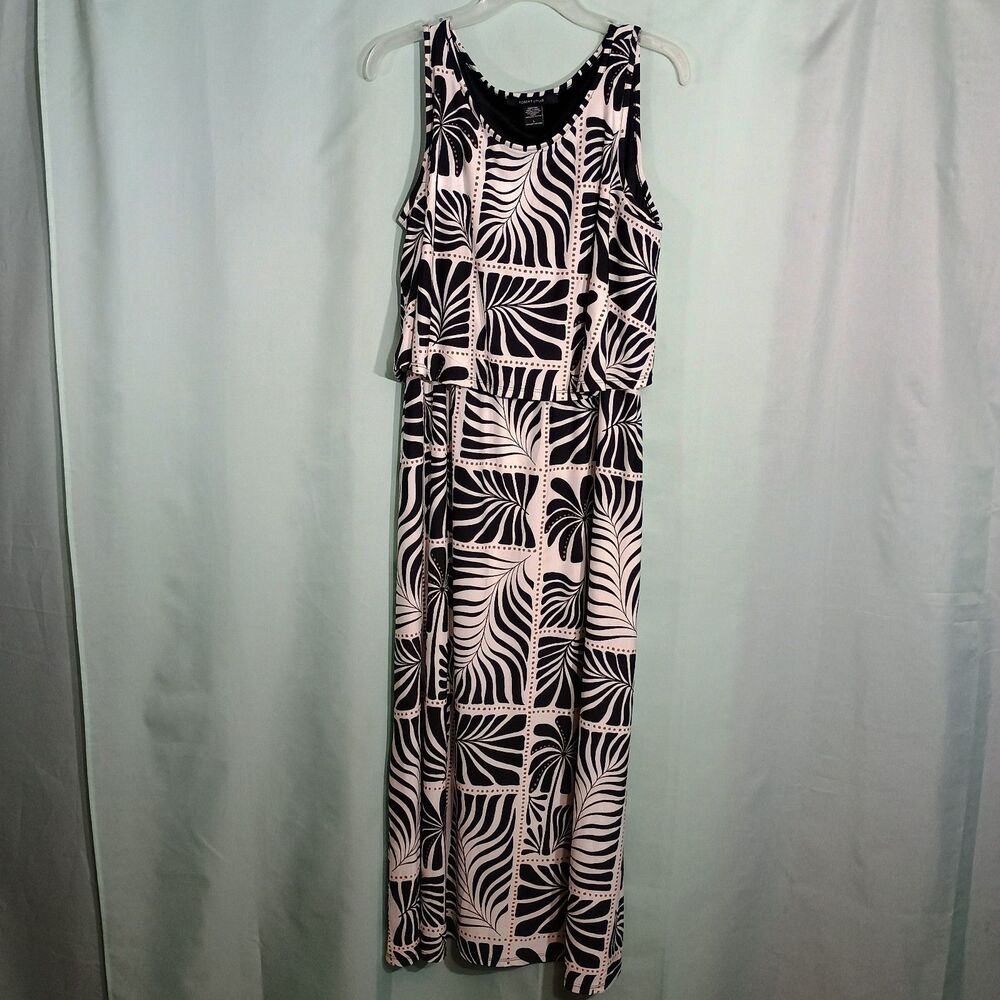 Womens Black White Maxi Dress Sleeveless Tropical Print Belted Casual
